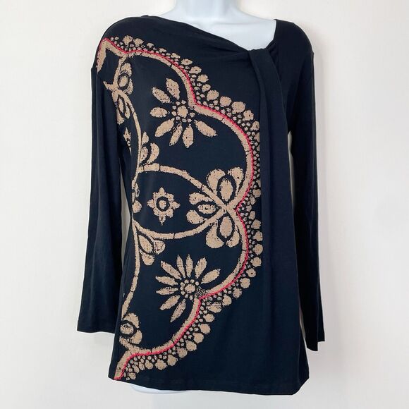 Desigual Tops - Desigual Floral Abstract Graphic Print Twist Neck Long Sleeve Top Black Large